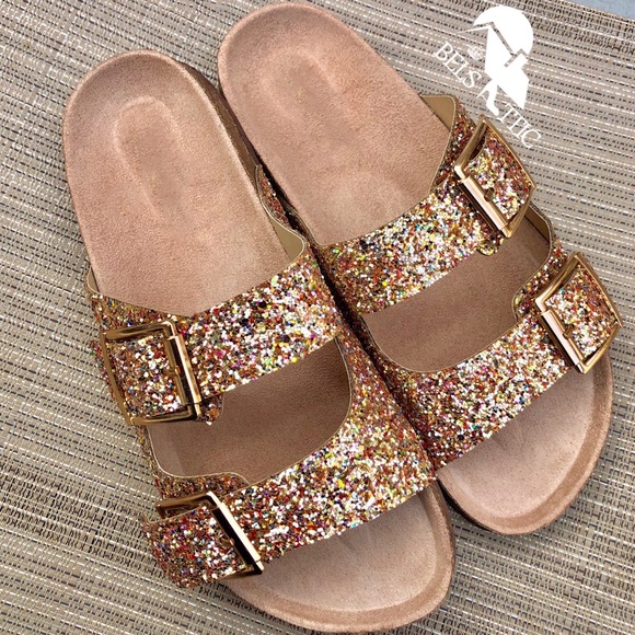 Gold Glittered Double Strap Sandal Slides - Picture 2 of 6